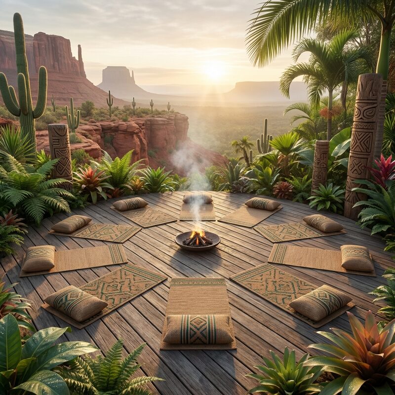 Yoga mats arranged in a circle at dawn