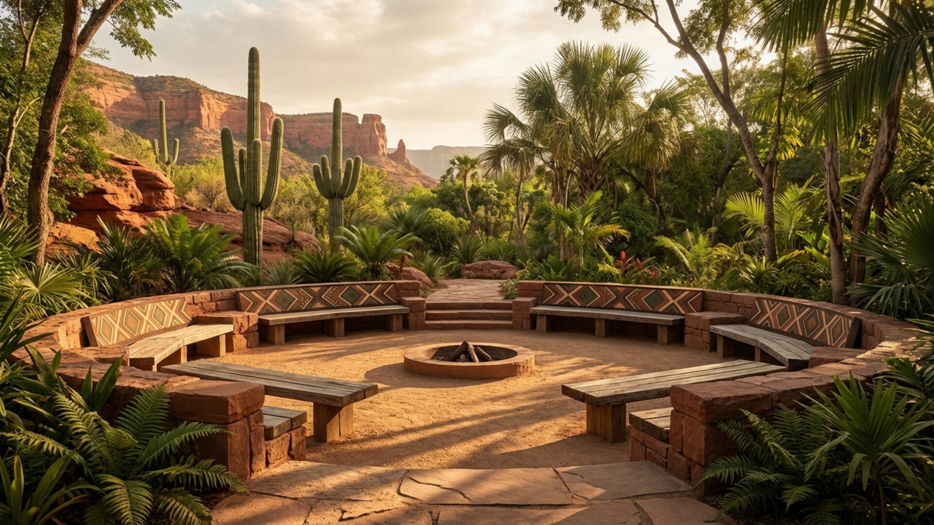 Outdoor gathering circle at golden hour