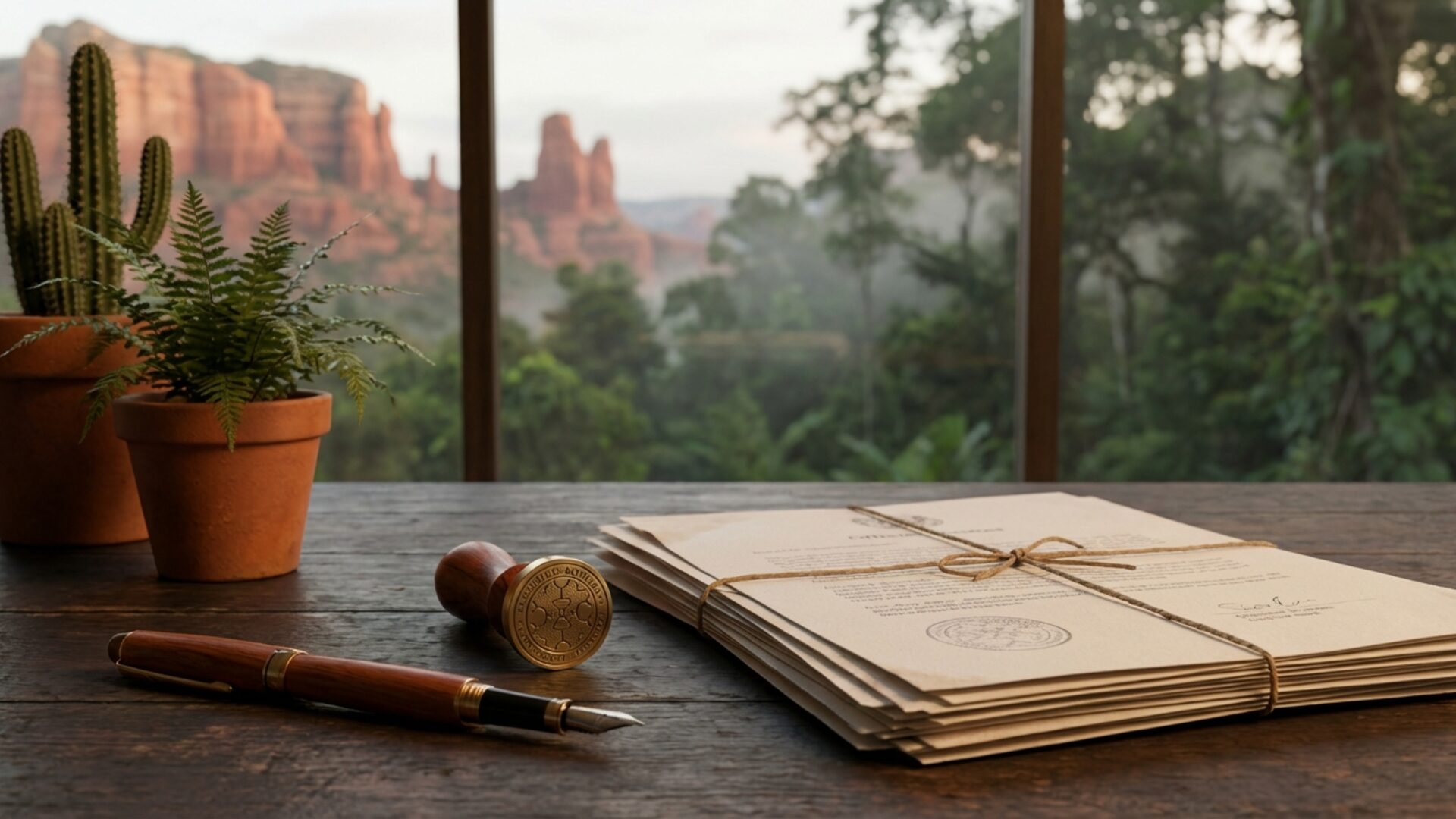 Official documents and fountain pen on a wooden desk