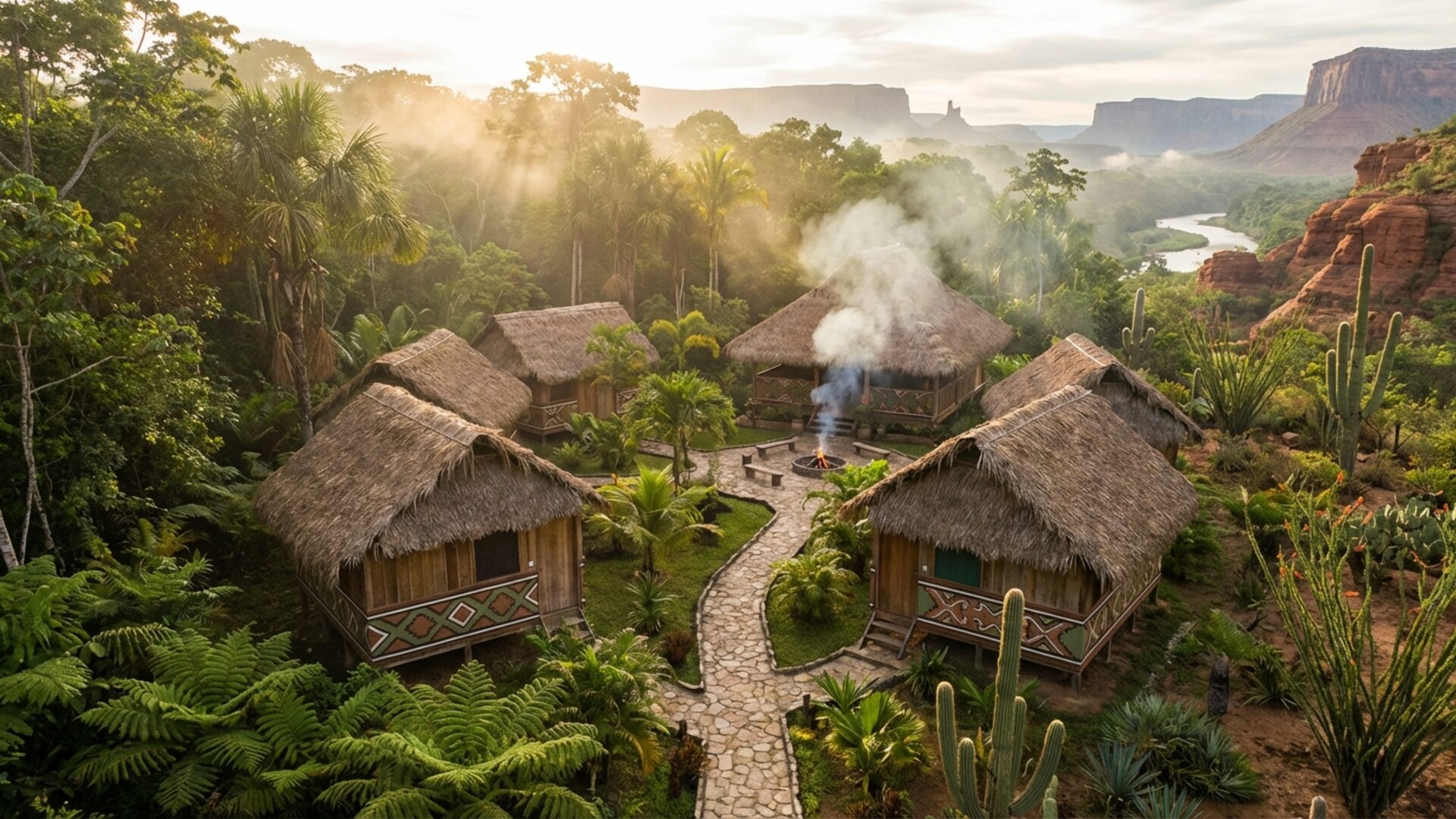 Aerial view of a retreat property with wooden buildings